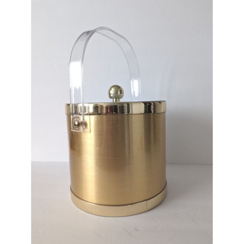 Vintage Ice Bucket Gold Hollywood Regency Acrylic Handle Clear Lid - Picture 4 of 9
